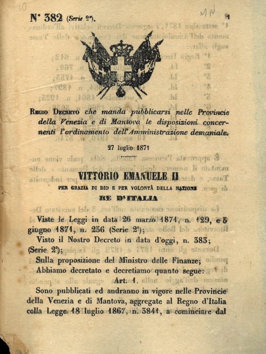 Regio decreto - che manda pubblicarsi nelle Provincie della Venezia e di Mantova le disposizioni concernenti l'ordinamento dell'Amministrazione demaniale.