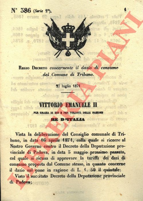Regio decreto - concernente il dazio di consumo del Comune di Tribano.