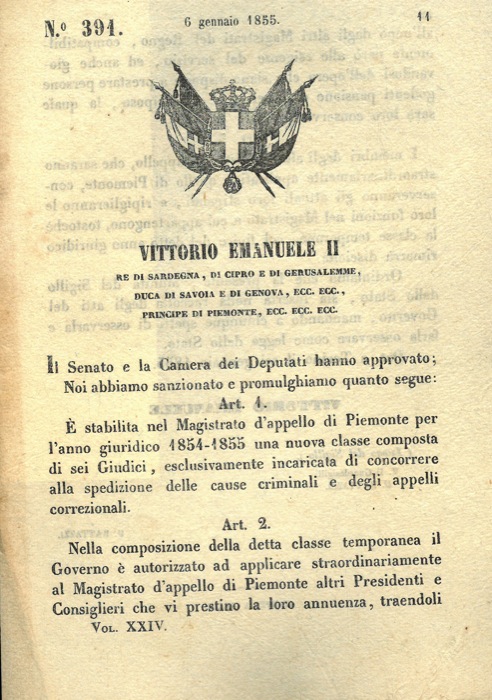 Regio Decreto - con cui si stabilisce nel Magistrato d'appello di Piemonte una nuova classe di 6 giudici per l'anno giuridico 1854/1855.