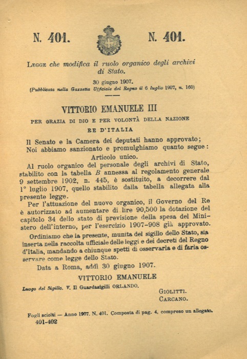 Legge - che modifica il ruolo organico degli Archivi di Stato.