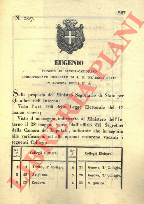 Regio Decreto - relativo alla convocazione di  vari collegi elettorali che risultano vacanti.