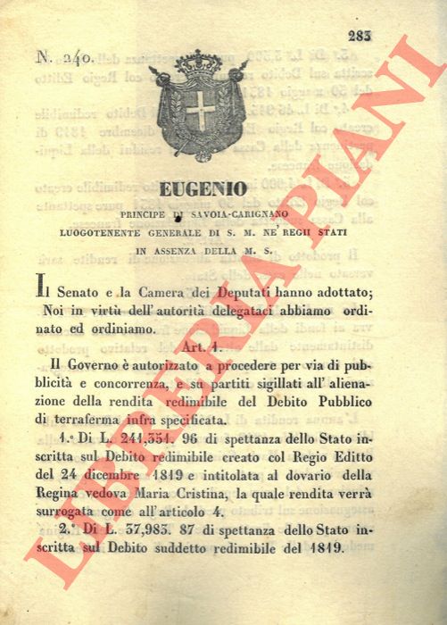 Regio Decreto - relativo all'alienazione della rendita redimibile del Debito Pubblico.