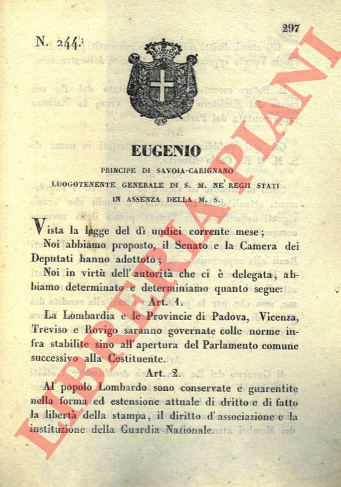 Regio Decreto - relativo all'unione della citt e delle provinicie di Venezia agli Stati Sardi.