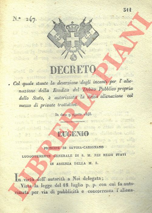 Regio Decreto - che autorizza l'alienazione con trattative private della Rendita del Debito Pubblico propria dello Stato.