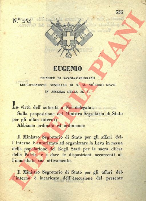 Regio Decreto - con il quale il Ministro Segratario di Stato per gli affari dell'interno  autorizzato ad organizzare una leva in massa della popolazione per la difesa della Patria.