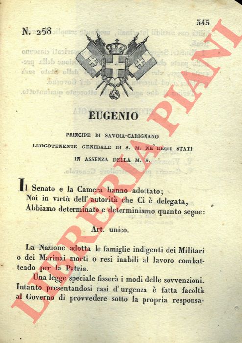 Regio Decreto - con cui si decide che la Nazione adotti le famiglie indigenti  dei marinati morti o inabili durante il loro servizio per la Patria.