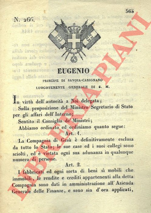 Regio Decreto - relativo alla soppressione definitiva della Compagnia di Ges.