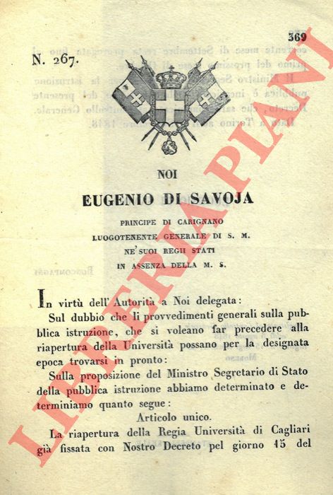 Regio Decreto - relativo alla riapertura della  Regia Universit di Cagliari.