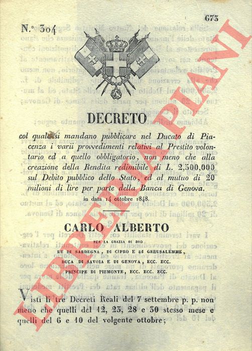 Decreto - con cui si pubblicano nel Ducato di Piacenza i provvedimenti relativi al prestito volontario ed a quello obbligatorio.