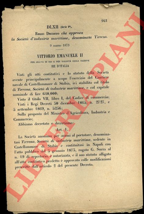 Regio Decreto - che approva la Societ d'industrie marittime, denominata Tirrena.