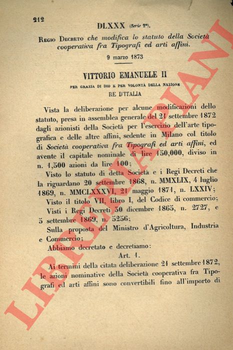 Regio Decreto - che modifica lo statuto della Societ cooperativa tra Tipografi ed arti affini.
