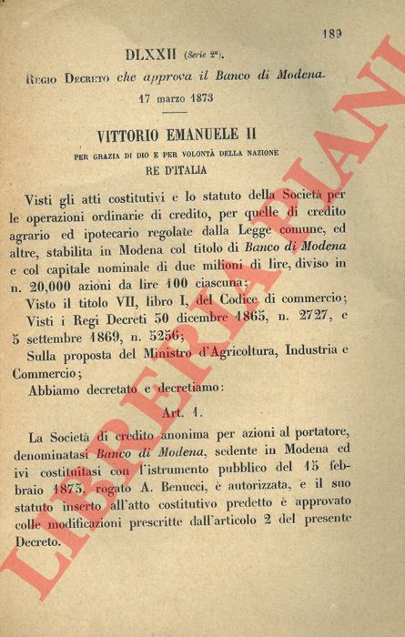 Regio Decreto - che approva il Banco di Modena.