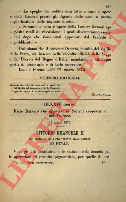 Regio Decreto - che approva la Societ Cooperativa del Volture.