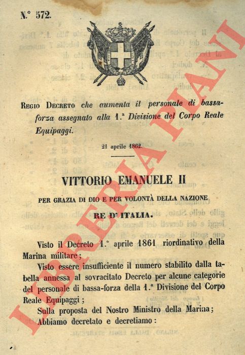 Regio Decreto - che aumenta il personale di bassa forza assegnato alla Ia Divisione del Corpo Reale Equipaggi.