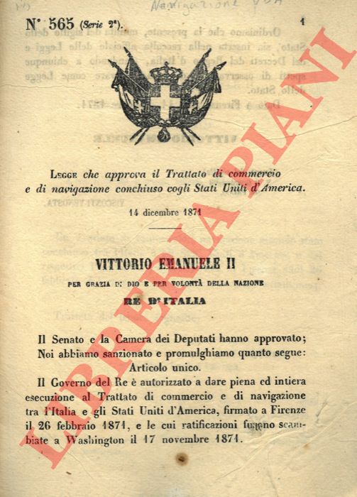 Regio Decreto - con ci autorizza il Governo a dare piena esecuzione al trattato di commercio tra Stati Uniti d'America e Italia.