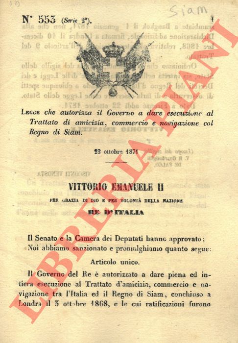 Regio Decreto - con cui si autorizza il Governo a dare esecuzione al trattato di commercio e navigazione con il Siam.