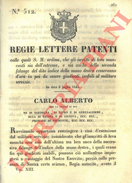 Regie Lettere Patenti - con le quali si stabilisce che gli iscritti alla leva, mancanti, sia dell'estrema che della seconda falange del dito indice della mano destra, non saranno pi considerati inabili al servizio militare