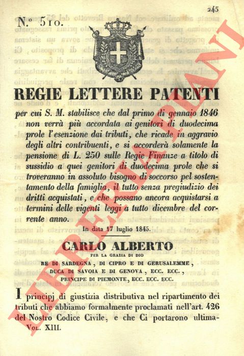 Regie Lettere Patenti - con le quali si stabilisce che dal 1 gennaio 1846 non verr pi accordata ai genitori di duodicesima prole l'esenzione dai tributi.