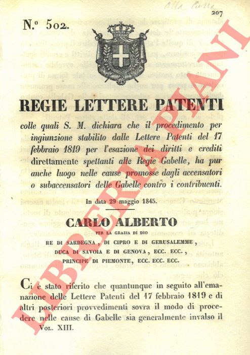 Regie Lettere Patenti - con le quali si dichiara che il procedimento per ingiunzione stabilito in Lettere e Patenti precedenti riguarda anche le Gabelle contro i contribuenti.