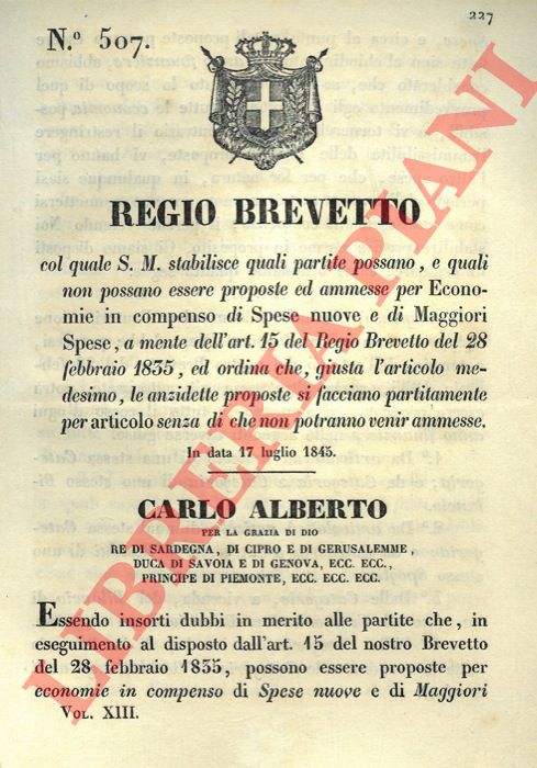 Regio Brevetto - col quale S.M. stabilisce quali partite possano, e quali non possano essere proposte ed ammesse come spese nuove o maggiori spese.