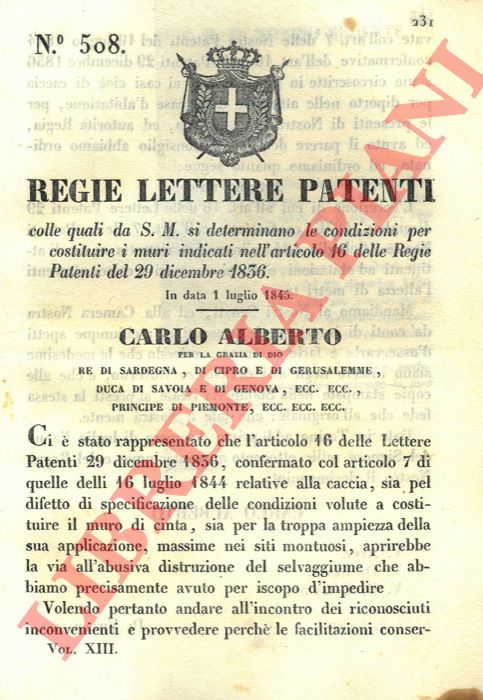 Regie Lettere Patenti - con le quali si determinano le condizioni per costituire i muri indicati nell'articolo delle Regie patenti del 29 dicembre 1836.