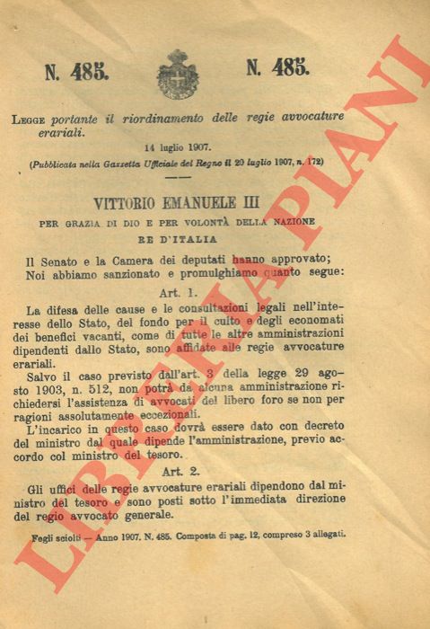 Legge - portante il riordinamento delle regie avvocature erariali.