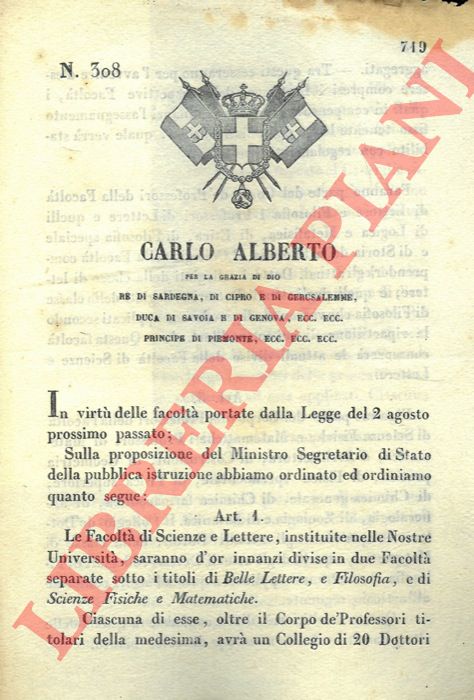 Regio Decreto - con cui si decide la separazione delle Facolt di Scienze e Lettere in due facolt distinte.