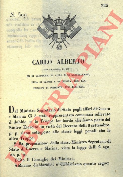 Regio Decreto - con cui si decide che le truppe lombarde dell'esercito piemontese sono soggette alle stesse leggi delle truppe piemontesi riguardo i reati militari.