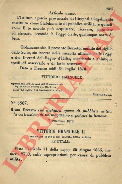 Regio Decreto - con cui si dichiara opera di pubblica utilit la costruzione di un magazzino a polveri a Genova.