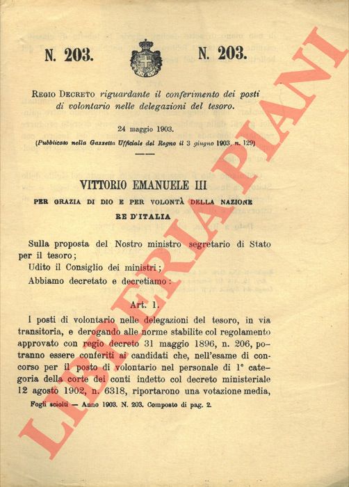 Regio Decreto - riguardante il conferimento dei posti di volontario nelle delegazioni del tesoro.