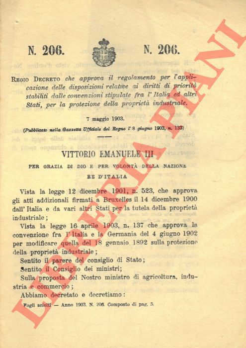 Regio Decreto - che approva il regolamento per l'applicazione delle disposizioni relative ai diritti di priorit stabiliti dalle convenzioni stipulate fra l'Italia ed altri Stati, per la protezione della propriet industriale.