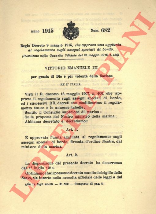 Regio Decreto - che approva una aggiunta al regolamento sugli assegni speciali di bordo.