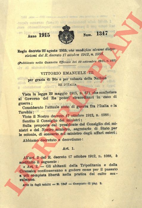 Regio Decreto - che modifica alcune disposizioni del R. decreto 17 ottobre 1912, n. 1088.