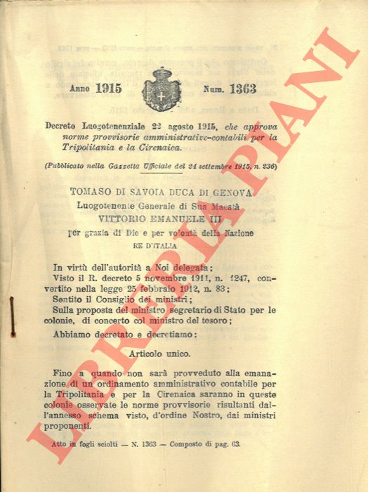 Decreto Luogotenenziale - che approva norme provvisorie amministrative-contabili per la Tripolitania e la Cirenaica.