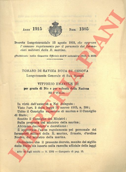Decreto Luogotenenziale - che approva l'annesso regolamento per il personale dei farmacisti militari della R. marina.