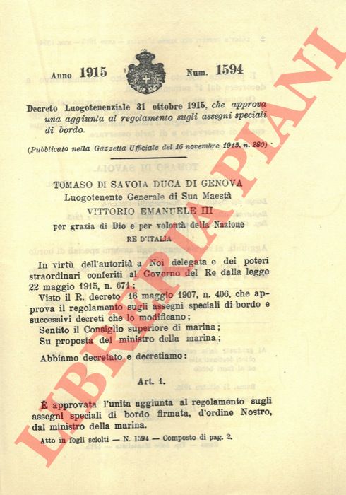 Decreto Luogotenenziale - che approva una aggiunta al regolamento sugli assegni speciali di bordo.
