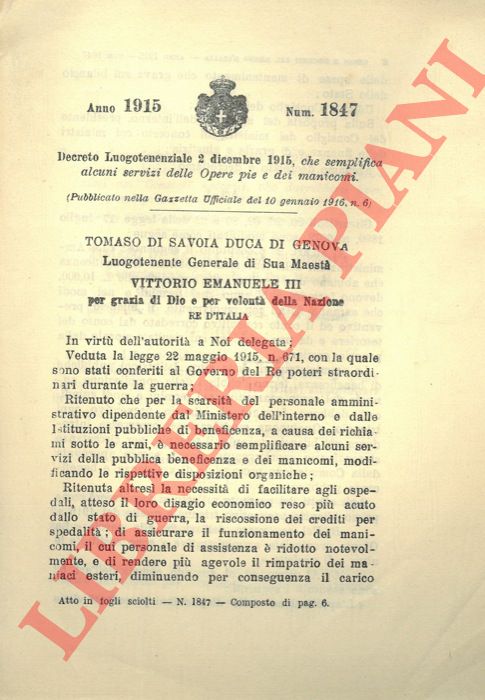 Decreto Luogotenenziale - che semplifica alcuni servizi delle Opere pie e dei manicomi.