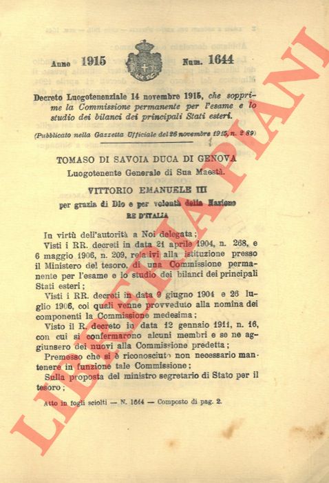 Decreto Luogotenenziale - che sopprime la Commissione permanente per l'esame e lo studio dei bilanci dei principali Stati esteri.