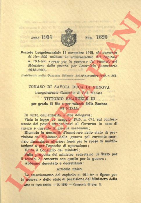 Decreto Luogotenenziale - che aumenta di lire 200 milioni lo stanziamento del capitolo n. 101-ter. 