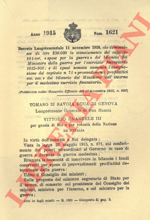 Decreto Luogotenenziale - che diminuisce di lire 230.000 lo stanziamento del capitolo 101-ter. 