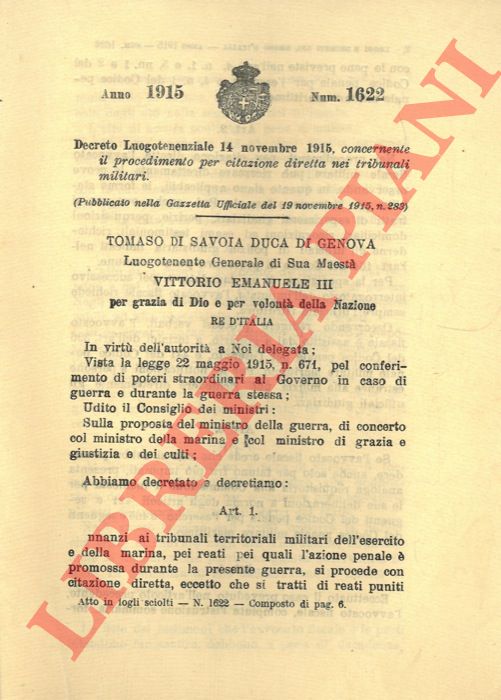 Decreto Luogotenenziale - concernente il procedimento per citazione diretta nei tribunali militari.