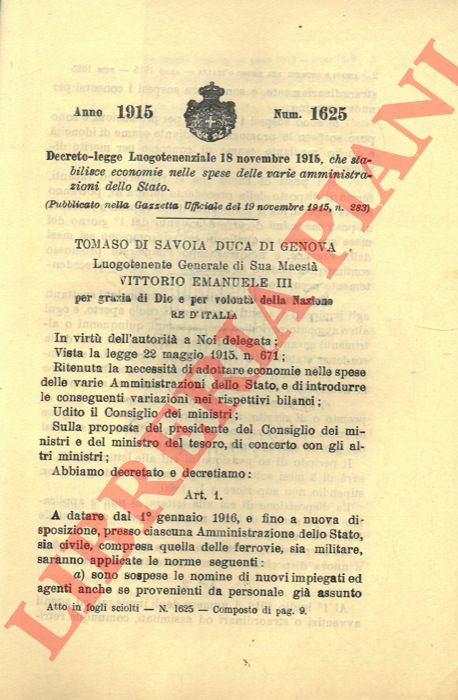 Decreto-legge Luogotenenziale - che stabilisce economie nelle spese delle varie amministrazioni dello Stato.
