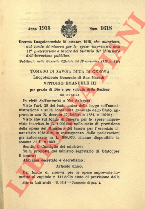 Decreto Luogotenenziale - che, per quanto riguarda gli acquisti della Galleria nazionale d'arte moderna, dichiara applicabili le norme stabilite dalla legge 20 giugno 1909, n. 364.