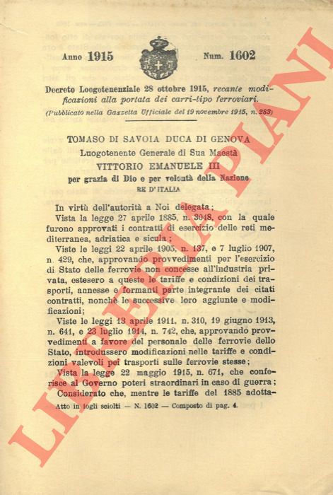 Decreto Luogotenenziale - recante modificazioni alla portata dei carri-tipo ferroviari.