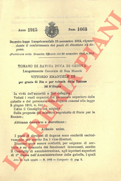 Decreto-legge Luogotenenziale - riguardante il conferimento dei posti di direttore di dogana.