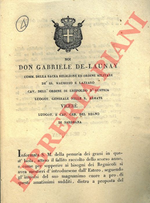 Decreto - con cui il diritto d'introduzione sui grani  ridotto a dieci centesimi per ogni quintale decimale sino al 20 giugno.