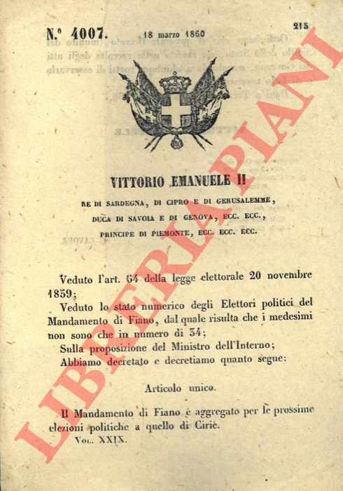 Regio Decreto - che aggrega il Mandamento di Fiano a quello di Ciri.
