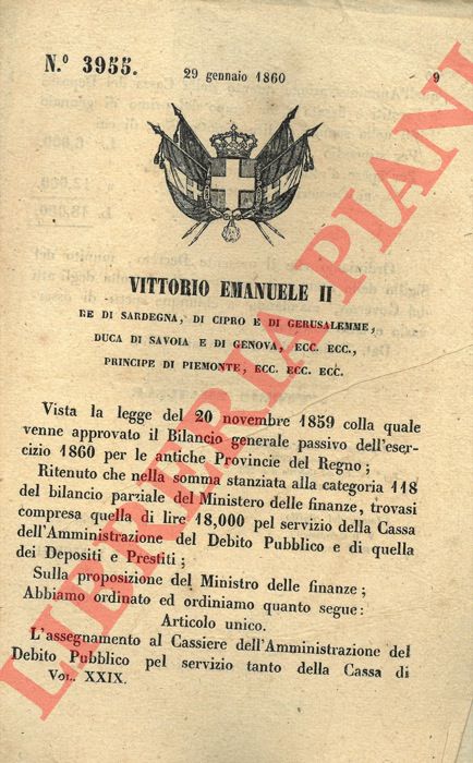 Regio Decreto - che stabilisce l'assegnamento al Cassiere dell'Amministrazione del Debito Pubblico.
