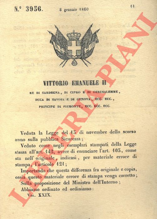 Regio Decreto - che rettifica un errore di trascrizione occorso nel testo della legge 13 novembre 1859 sulla Pubblica Sicurezza.