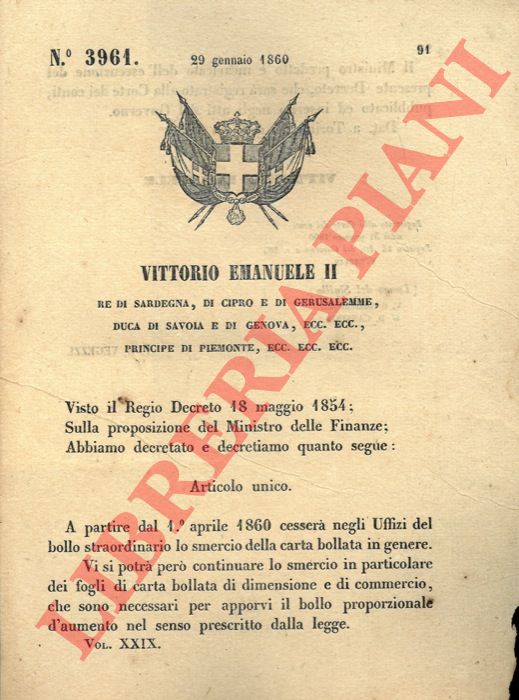 Regio Decreto - che stabilisce la cessazione negli Uffizi del bollo straordinario lo smercio della carta bollata.